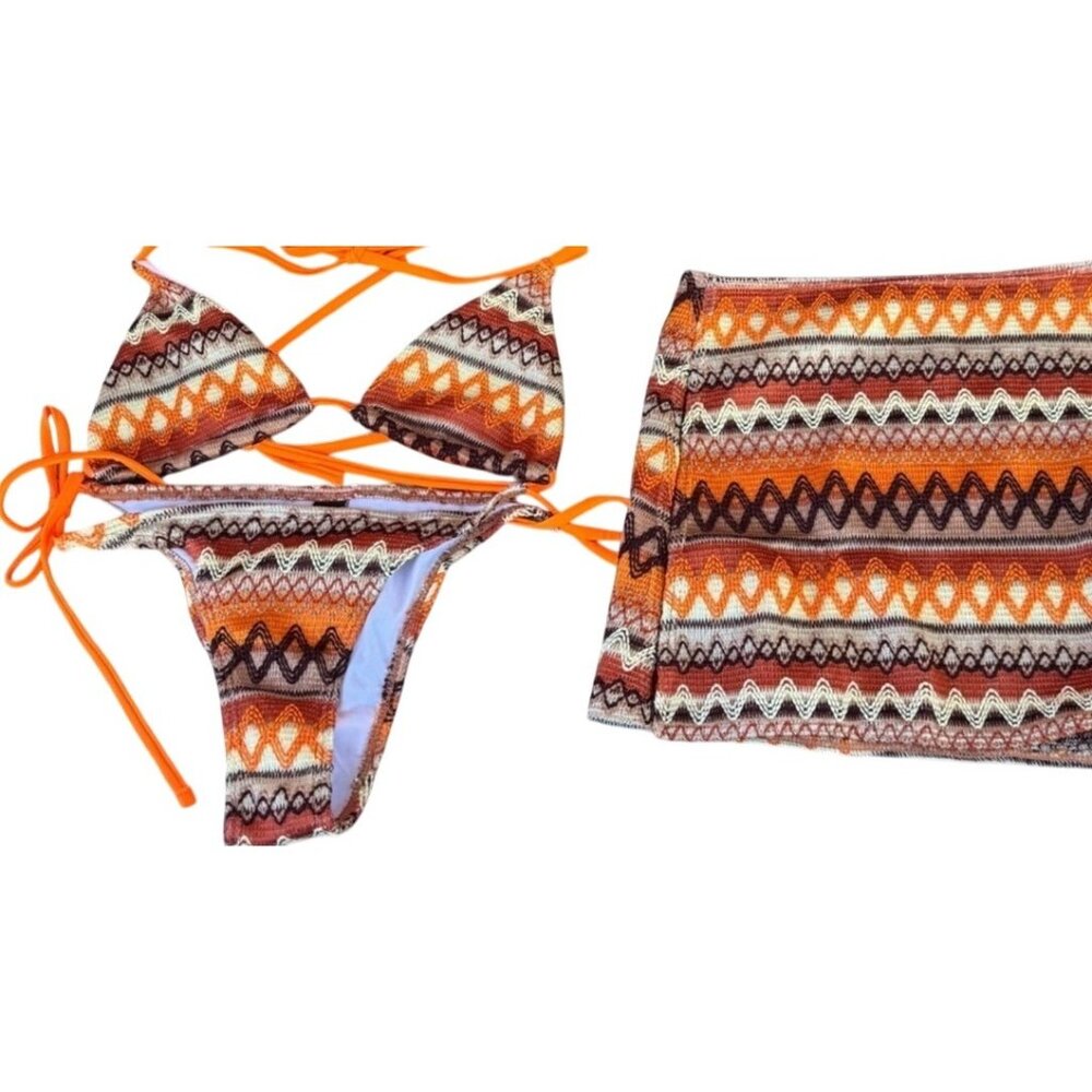 Bohemian Style Crochet Bikini Set & Matching Cover-Up Skirt -Size S - Cider